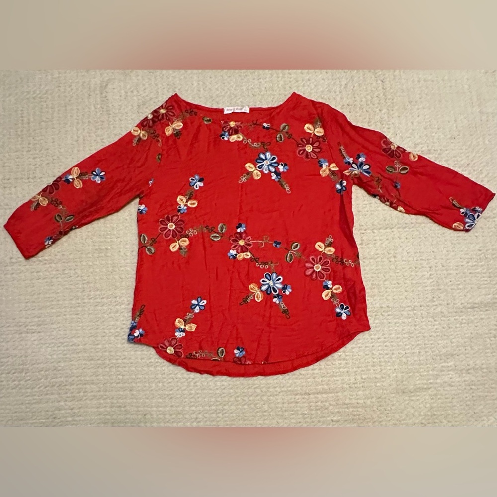 Floral Embroidered Blouse - Red